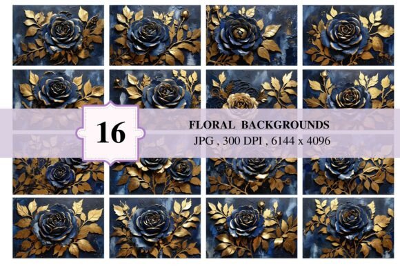 16 Floral Backgrounds 50: Luxuriöse Rosen in Gold und Nachtblau