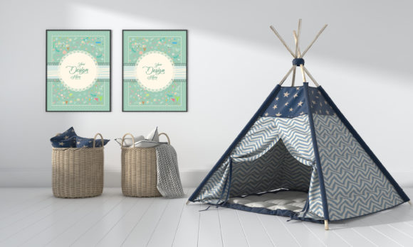 A Modern Kids Bedroom: A Creative Space with an Empty Frame and 3D Rendering Illustration