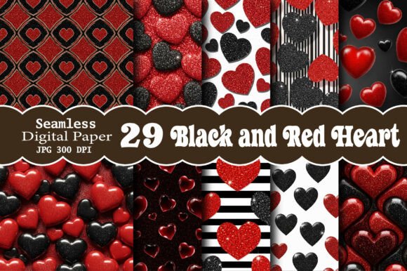 Black and Red Heart Digital Papers