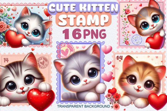 Kitten Postage Stamp Clipart Bundle PNG