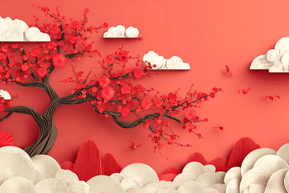 Red Blossom Paper Cut Landscape Art